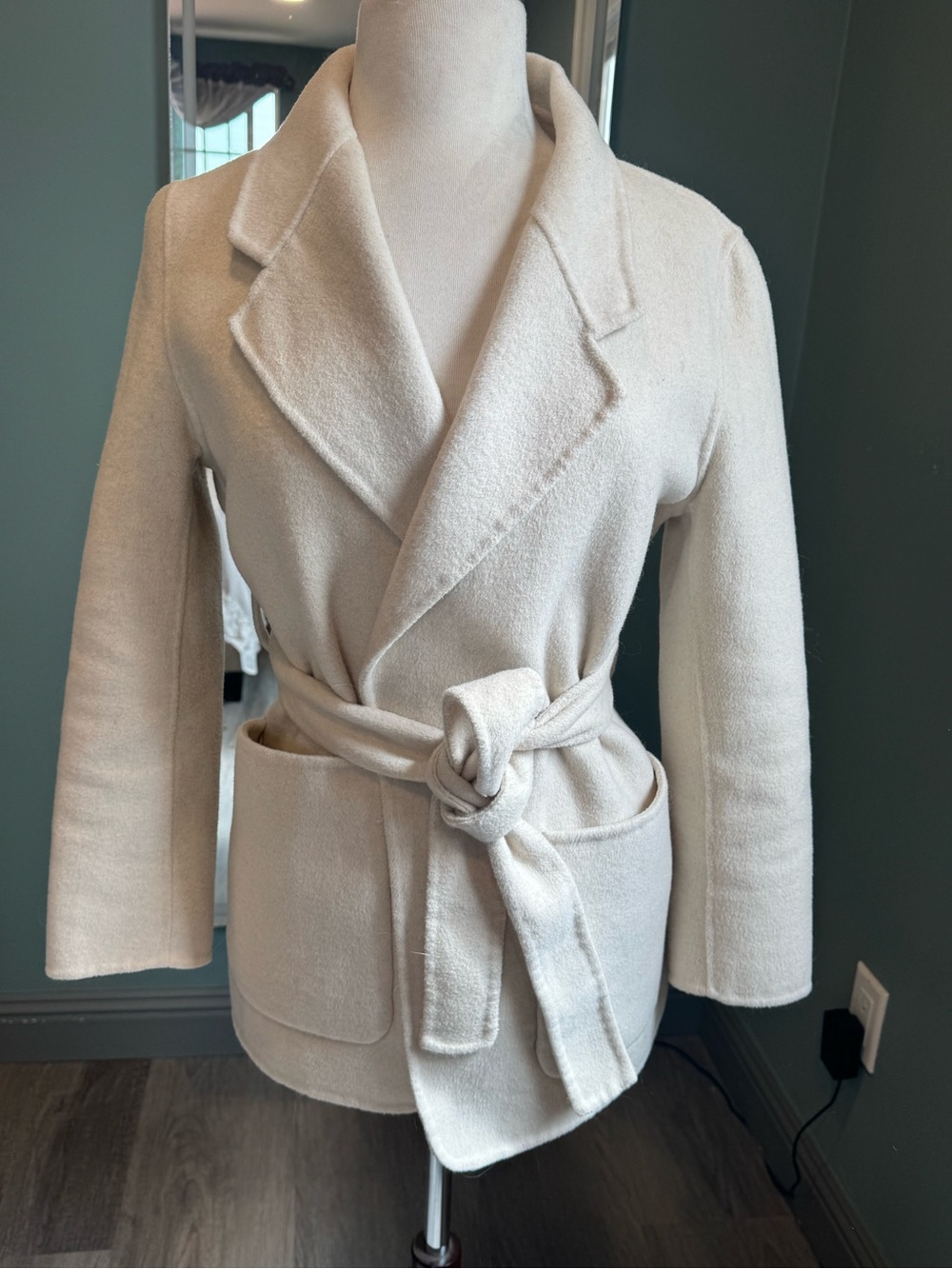 100% Wool Hand-Tailored Belted Coat – Cream Beige, Size S